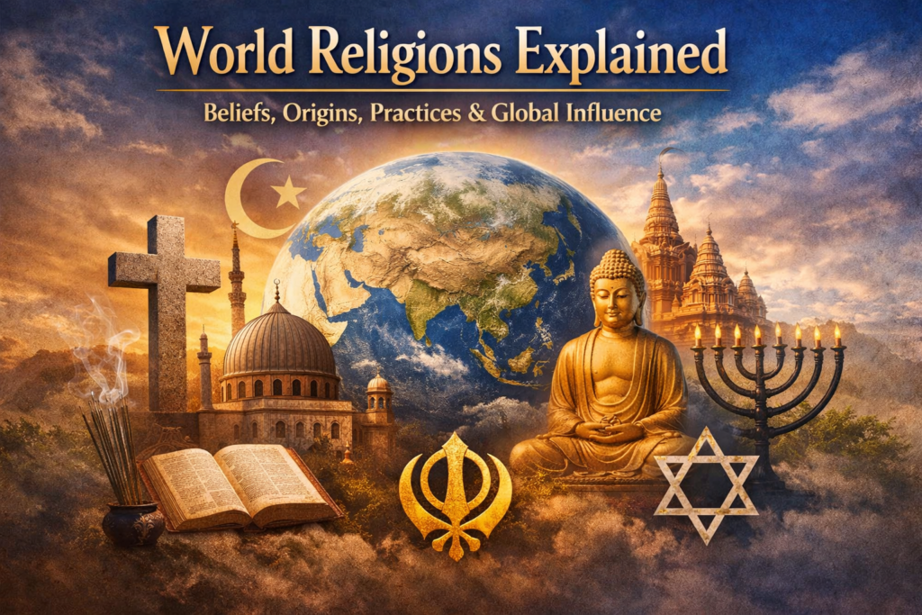 Digital illustration of the world surrounded by symbols and imagery associated with major world religions, including Christianity, Islam, Buddhism, Hinduism, Judaism, and Sikhism, with the title “World Religions Explained” at the top.