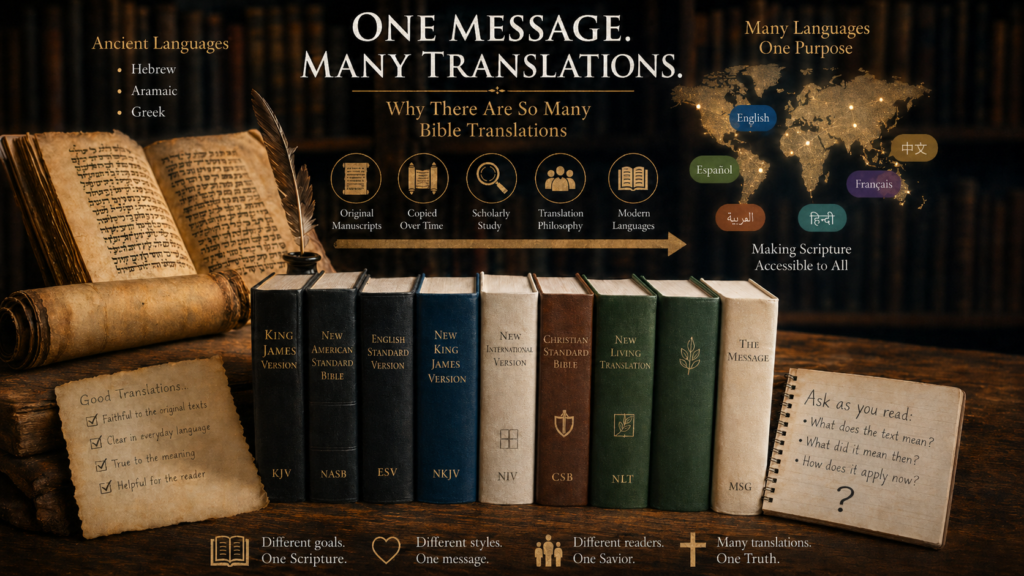 A collection of English Bible translations beside ancient Hebrew manuscripts, a world map, and language labels showing how Scripture is translated from Hebrew, Aramaic, and Greek into many modern languages.