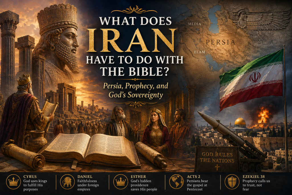 A cinematic biblical illustration showing ancient Persia, Cyrus, Daniel, Esther, an open Bible, a map of Persia, and modern Iran imagery to explain Iran’s connection to the Bible.
