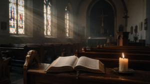 Open Bible and lit candle on a wooden pew inside an empty church sanctuary with stained glass windows and soft beams of light.